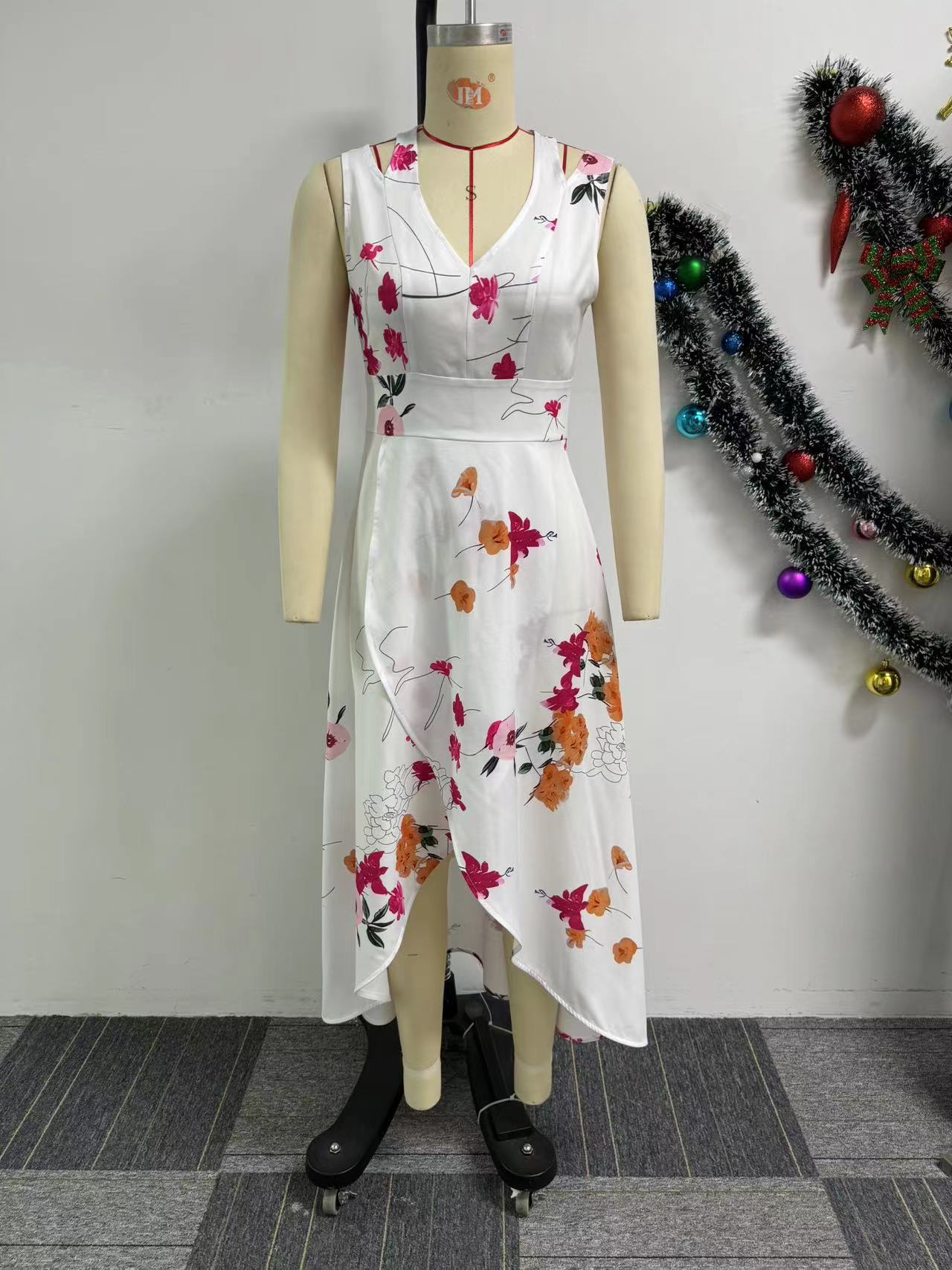 Summer Women Sexy Print V-neck Sleeveless Slit Dress 5