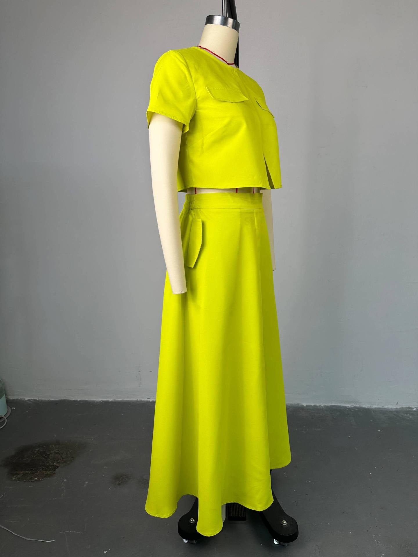 Women Summer Chic Round Neck Short Sleeve Top and Button Skirt Two-piece Set 7