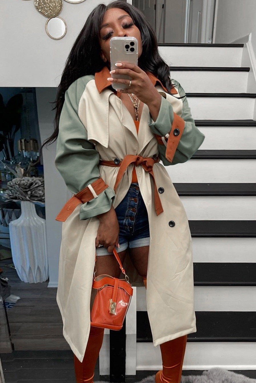 Fall Fashion Contrast Begie And Green Long Sleeve Button-Open Long Coat