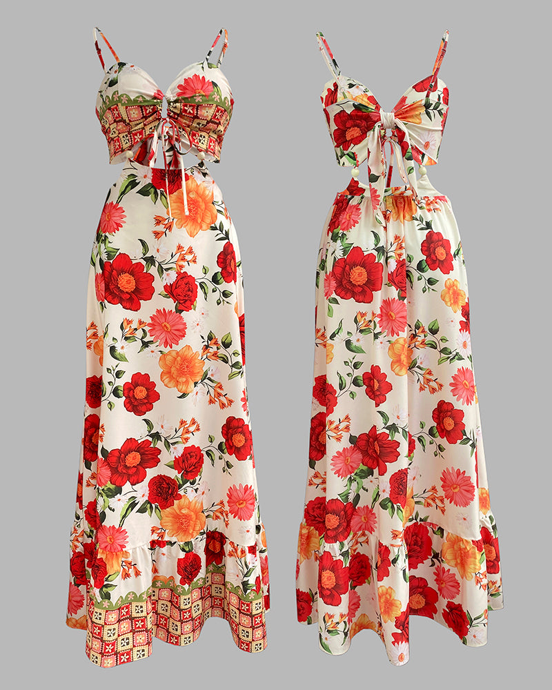 Floral Holiday Print Sexy Open Waist Strap Long Dress 11