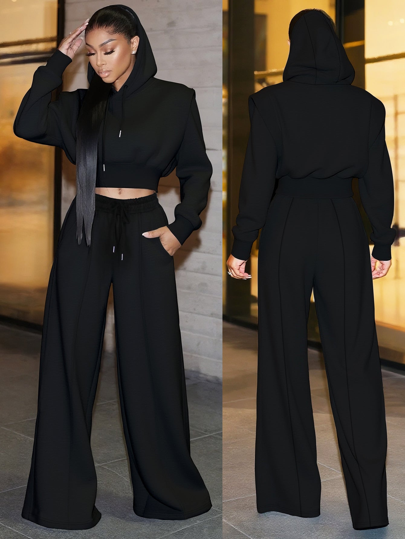 Women Elegant Long-Sleeved Hooded Crop Top and Pants Two-Piece Set 3
