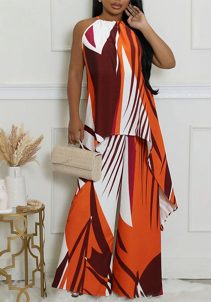 Women's Elegant Halter-Neck Sleeveless Irregular Top with Loose Trousers Two Piece Set