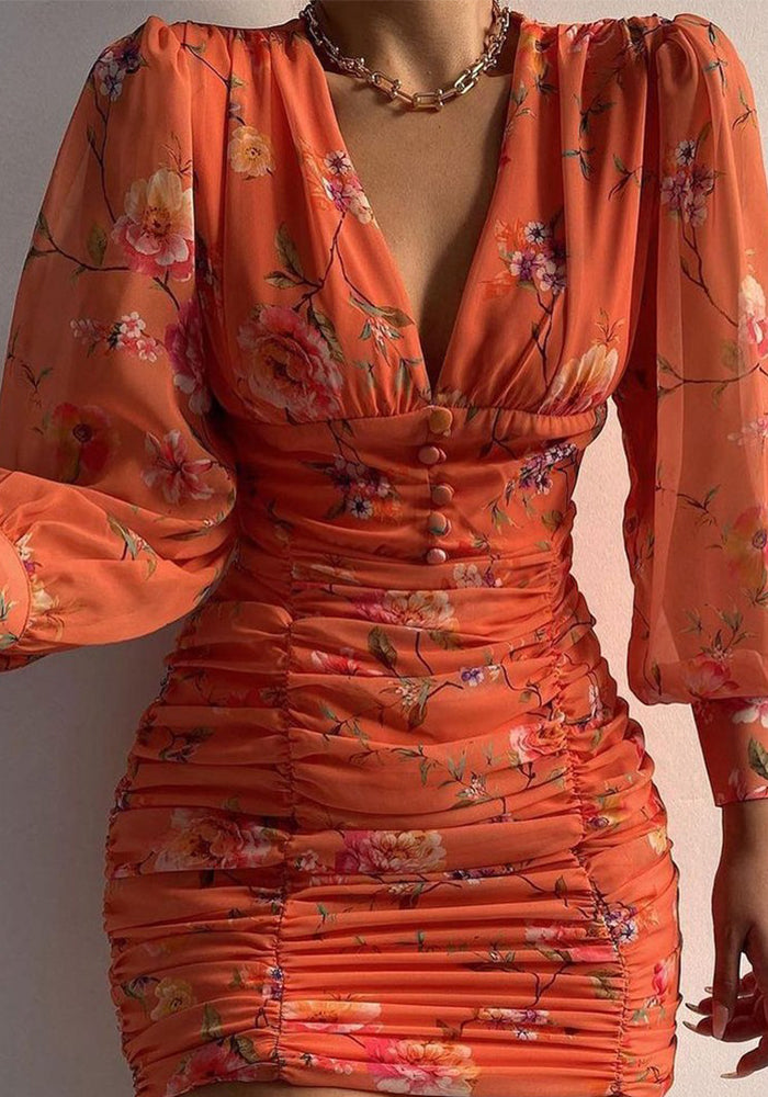 Women summer casual v-neck pleated dress