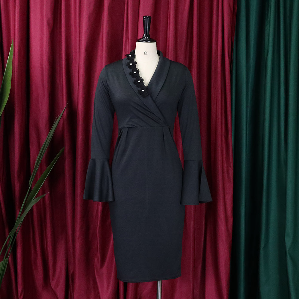 Women's Fall Winter V-Neck Chic Elegant Bell Bottom Sleeve Slit Bodycon Dress 9