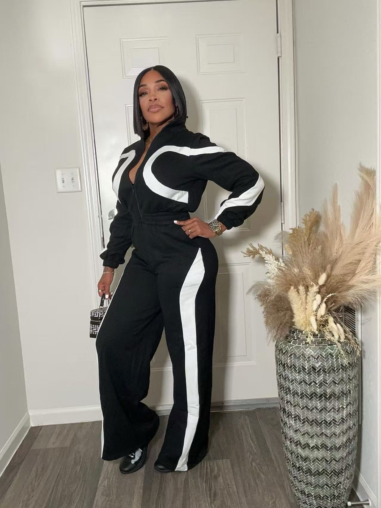 Women's Fashion Casual Sports Winter Color Block Zipper Elastic Waist Jumpsuit 16