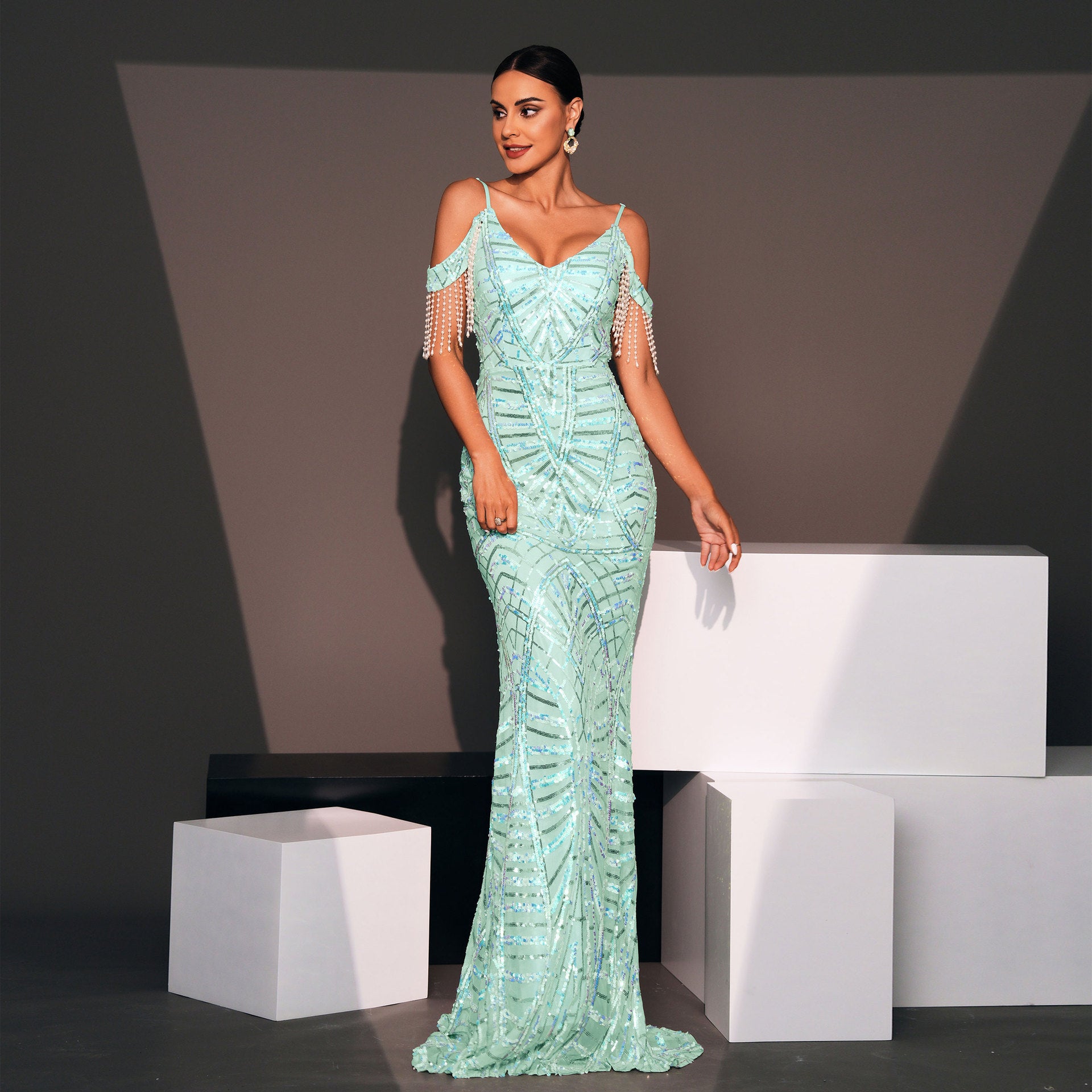 Women suspenders V-neck sexy sequins Formal Party fishtail evening dress 6