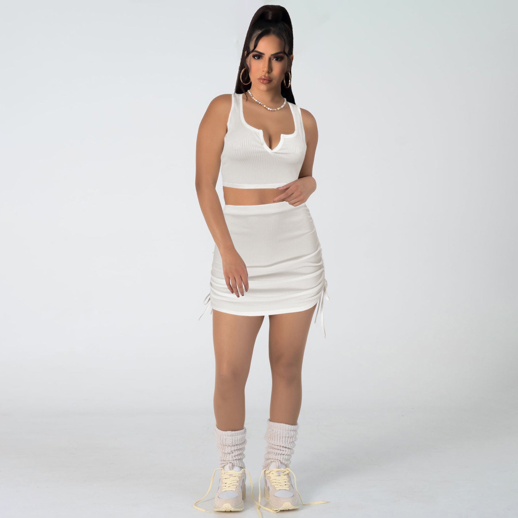 Women Stretch sexy v-neck Top and drawstring Solid Skirt two-piece set 3