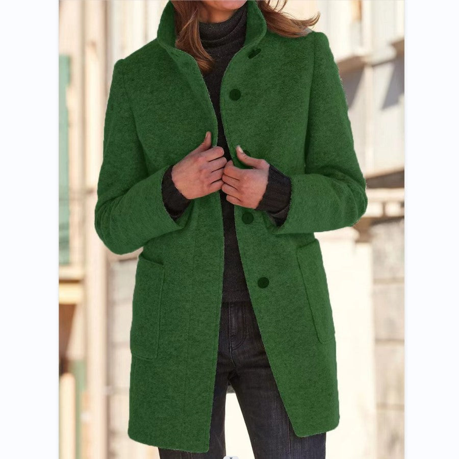 Autumn And Winter Women'S Retro Solid Color Button Stand Collar Coat 3
