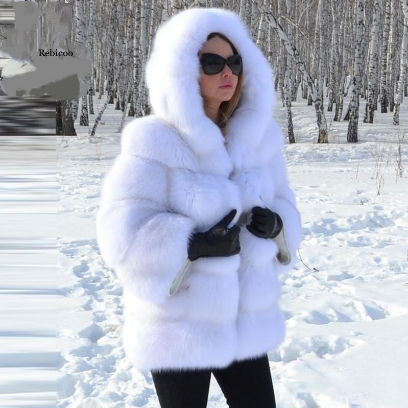 Women Faux Fox Fur With Hood Long Sleeve Jacket 3