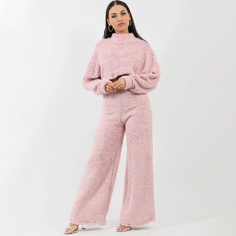 Women Casual Lounge Clothes Loose Sherpa Long Sleeve Top and Pant Two-piece Set 3