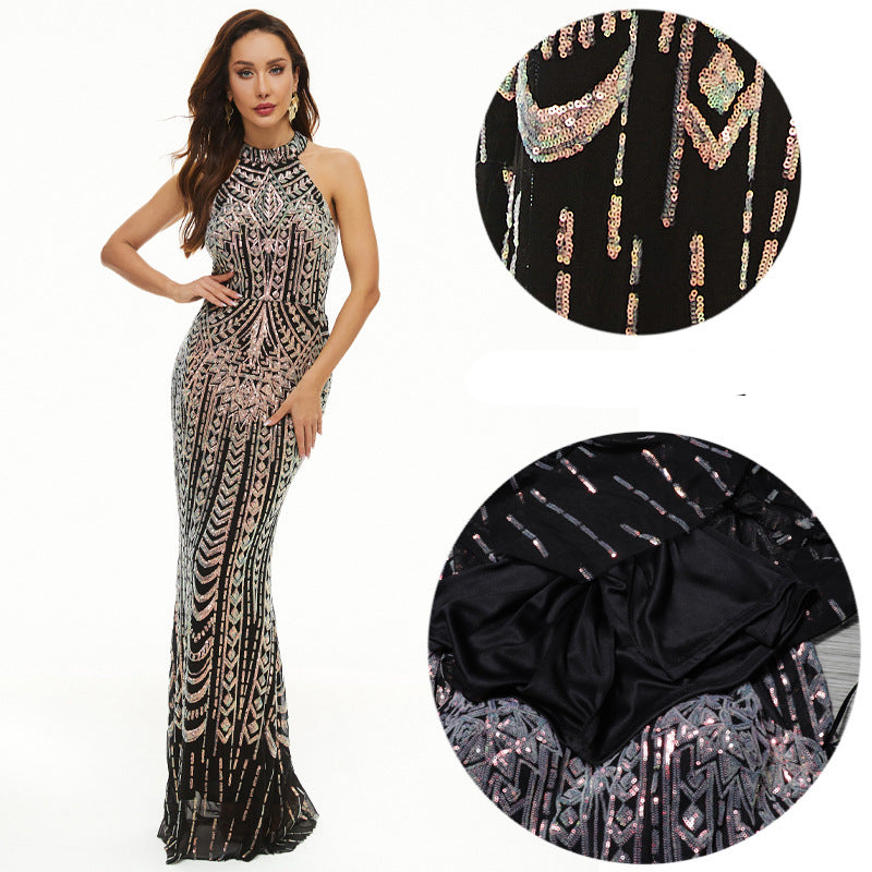 Floral Sequins Formal Party Evening Dress Long Luxurious And Sexy Halter Neck Fishtail Dress