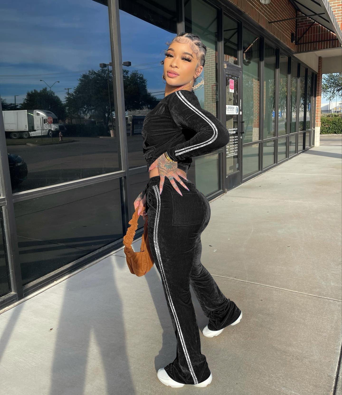 Women's Solid Velvet Casual Zip Top Wide Leg Pants Two Piece Tracksuit 28