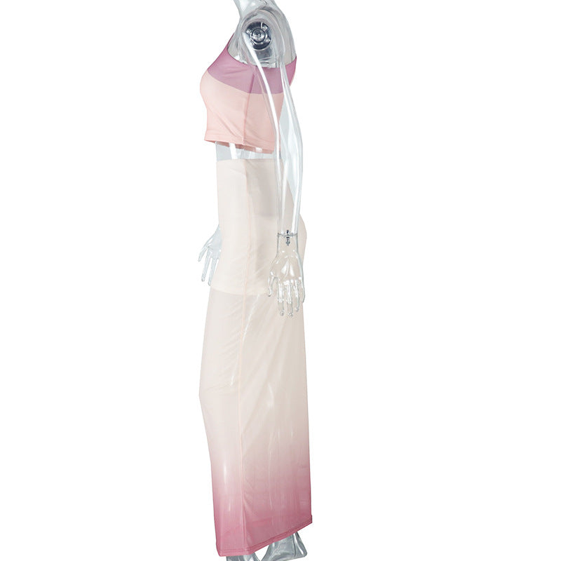 Fashionable Women's Tight Fitting Gradient Slash Shoulder Two-Piece Skirt Set 9