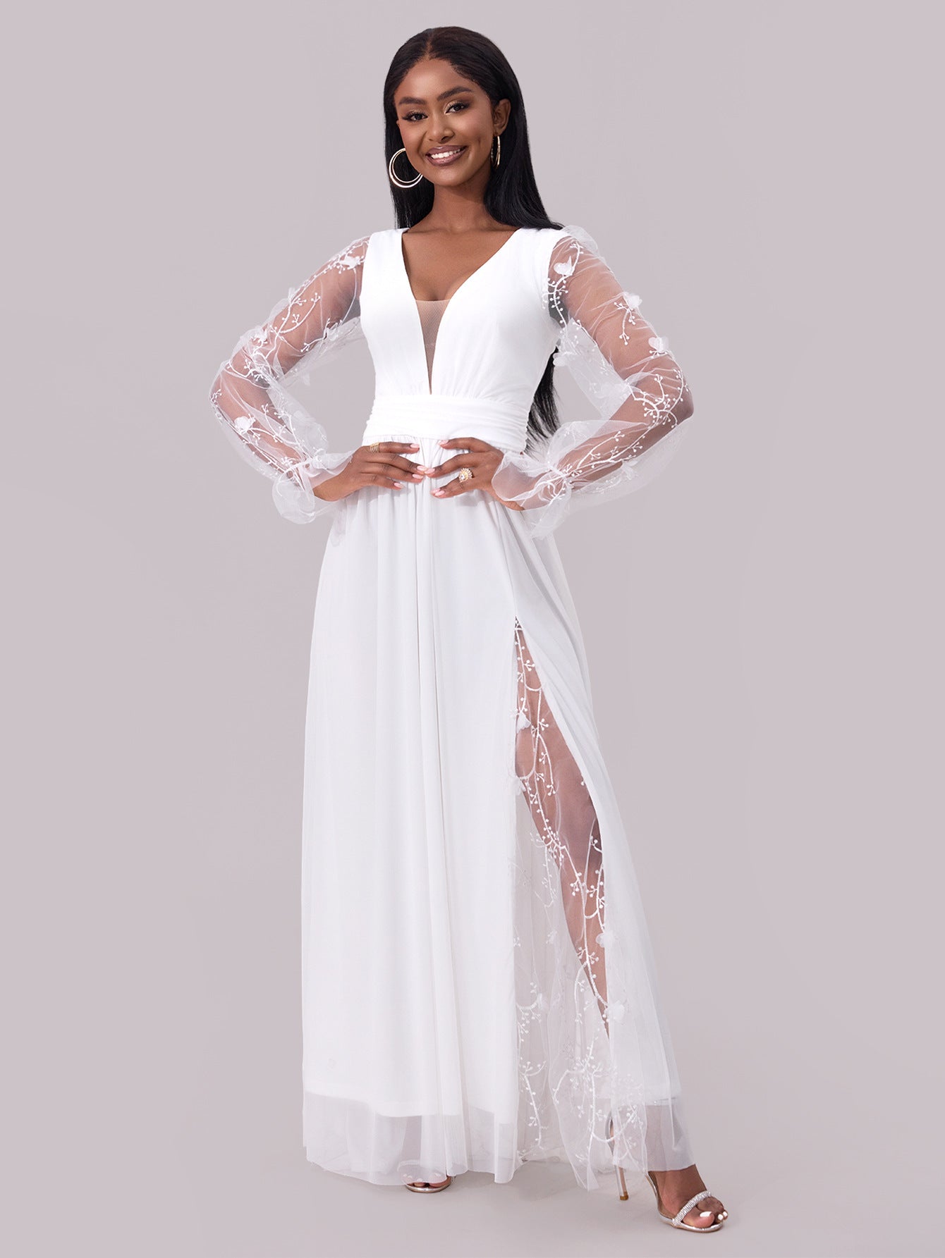 women's dress deep neck long sleeve wedding dress 3