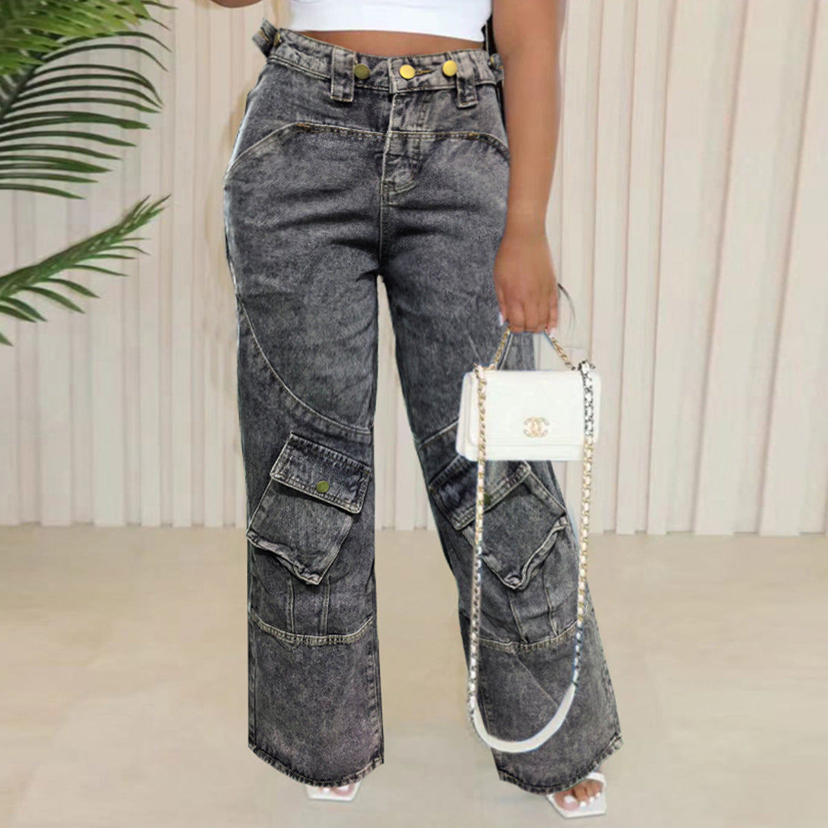 Pocket Cargo Washed Denim Pants Straight Women Jeans