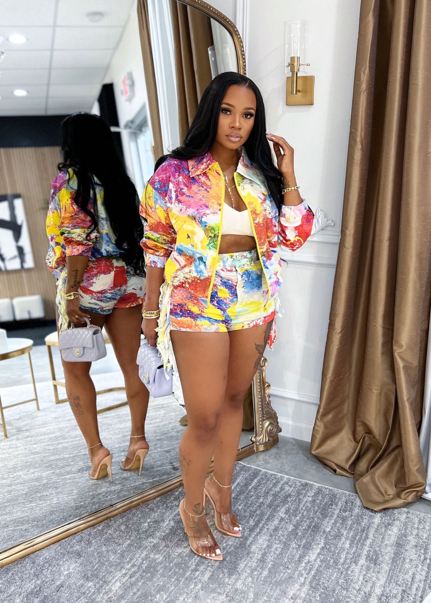 Women's Star Print Long Sleeve Shirt and Shorts Set with Two Pockets