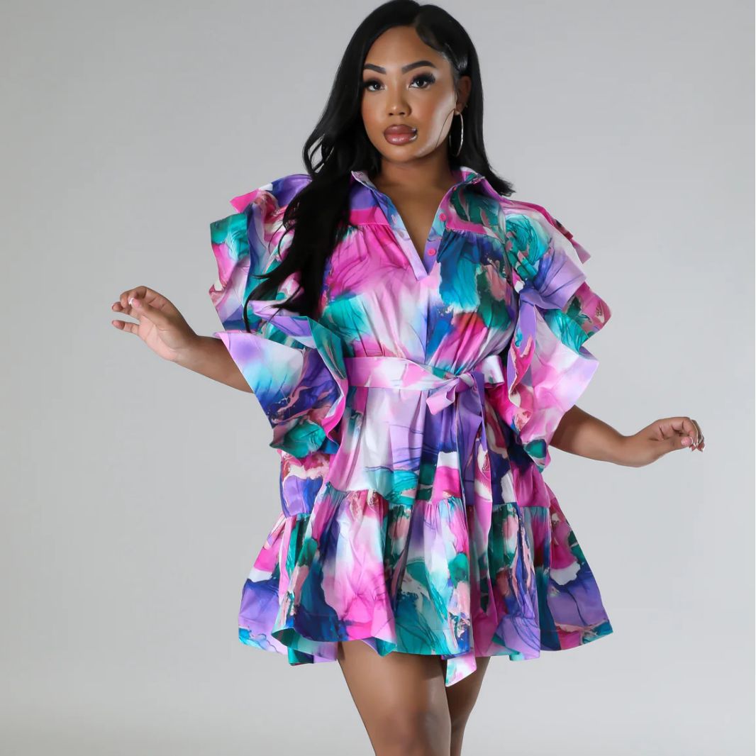 Women ruffled v-neck backless lace-up printed dress 5