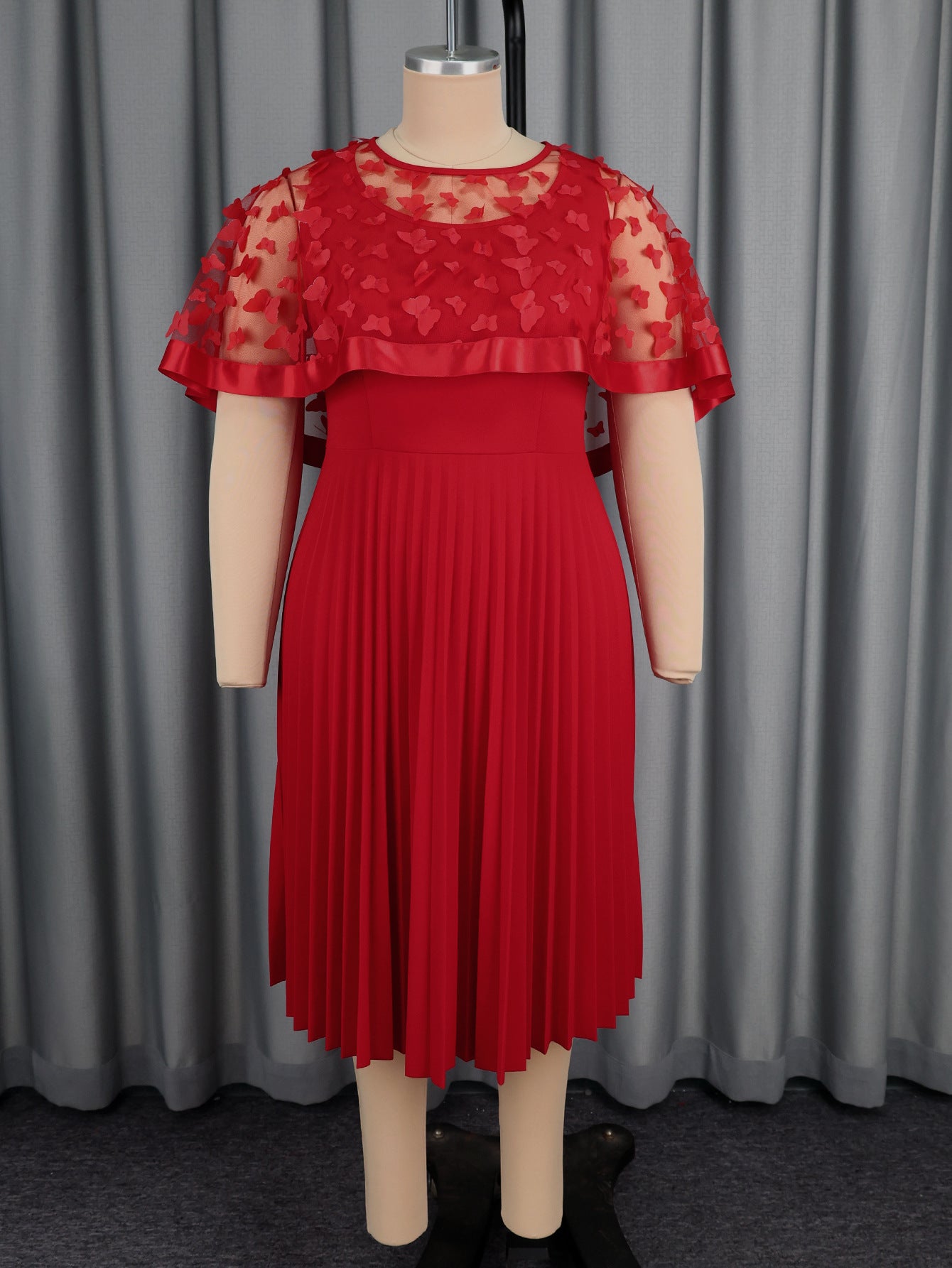 Plus-Size Women Red Patchwork Mesh Bow Shawl Pleated Dress 9