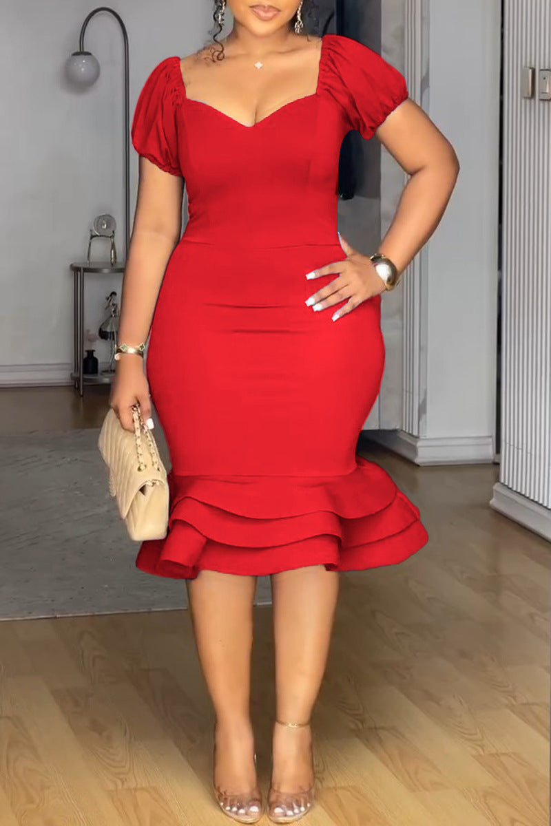 Women Stretch Lantern Sleeve Wave Bodycon Dress 4