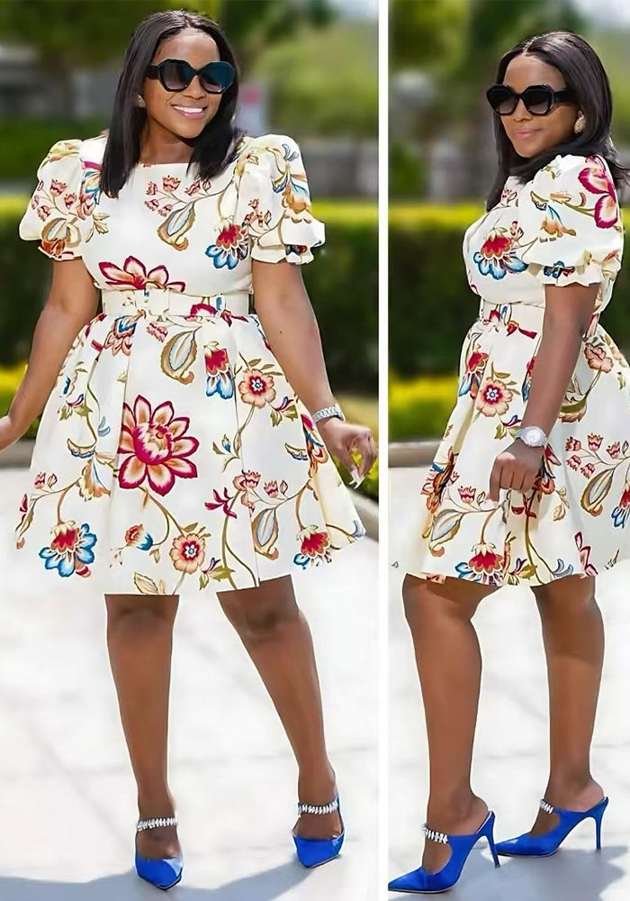 Women Summer Floral Print Puff Sleeve Mini Dress