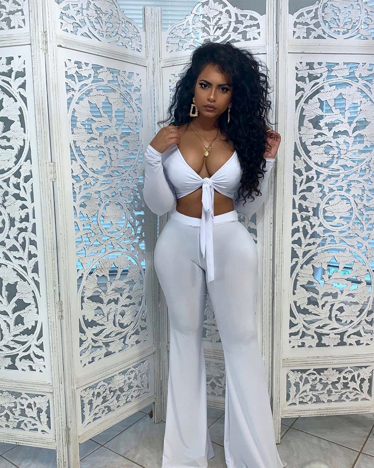 Sexy Elastic Casual Bell Bottom Trousers Low-Cut lace-up top set