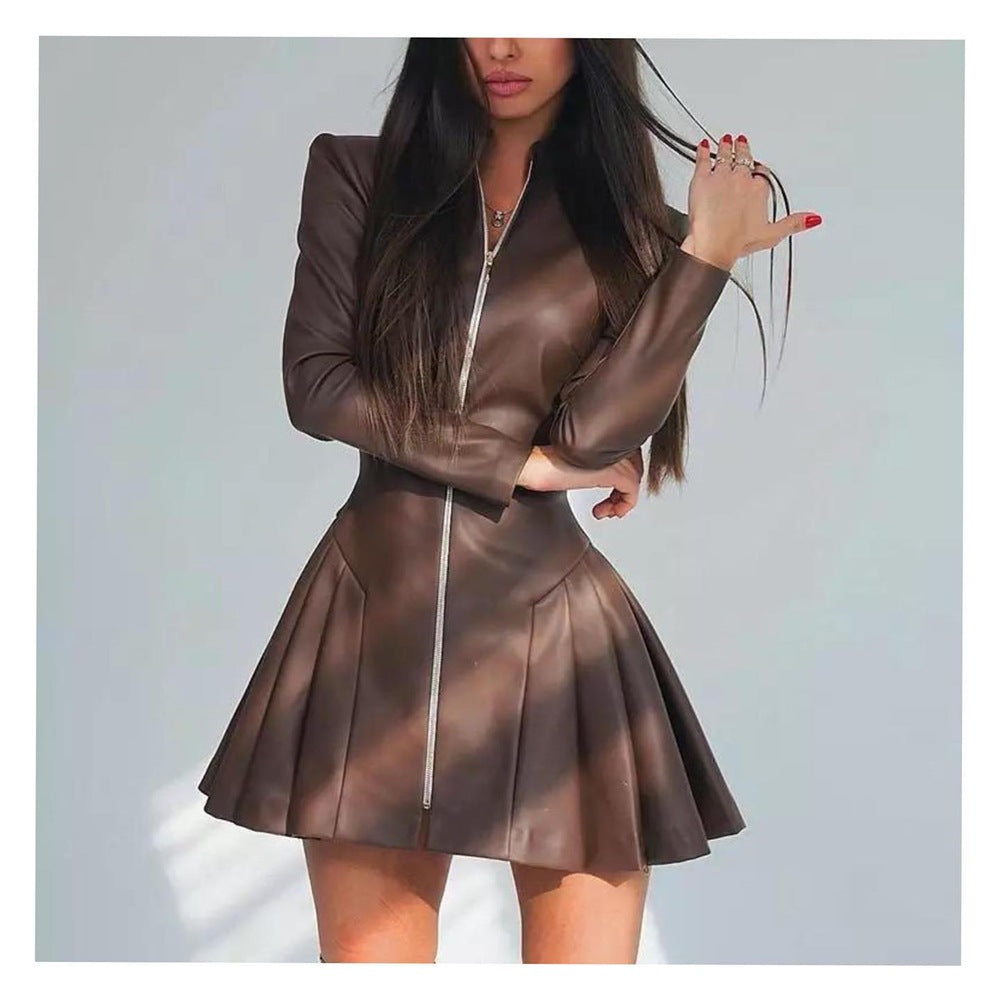 Women's Fashion Slim Fit Long Sleeve Zipper Pleated Pu Leather Dress 4