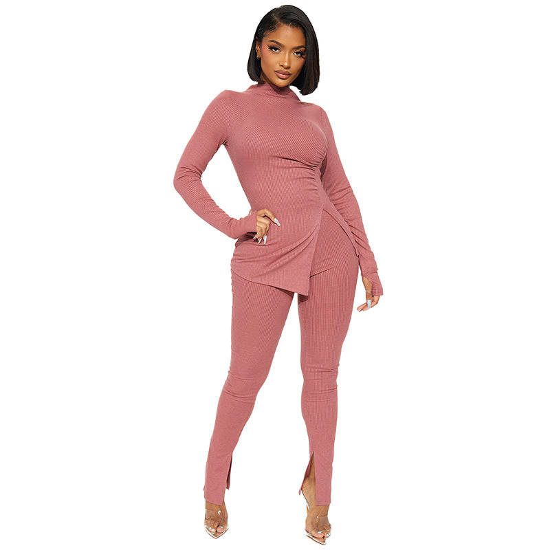 Women's Autumn and Winter Solid Color Tight Fitting Long Sleeve Top Slit Pants Casual Set 7