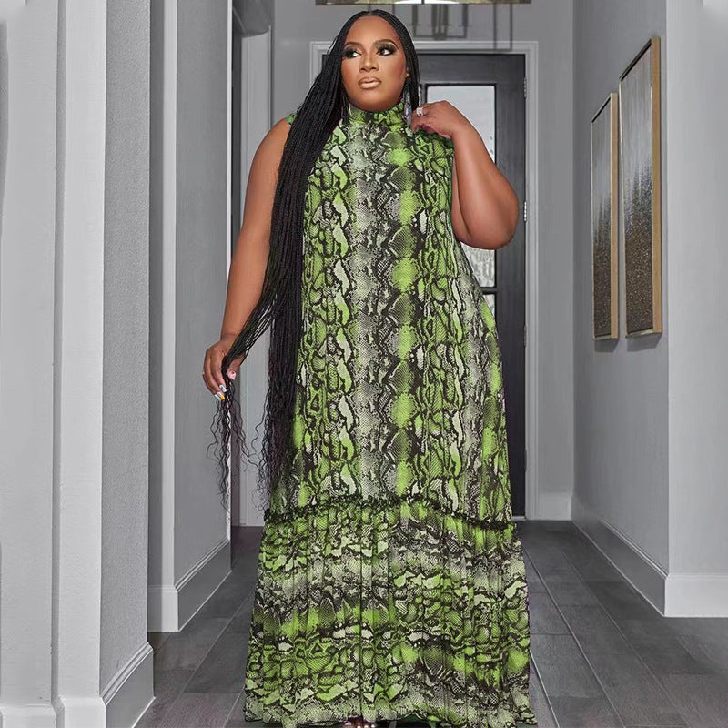 Summer Stand Collar Sleeveless Print Plus Size Women's Stylish Loose Long Dress 5