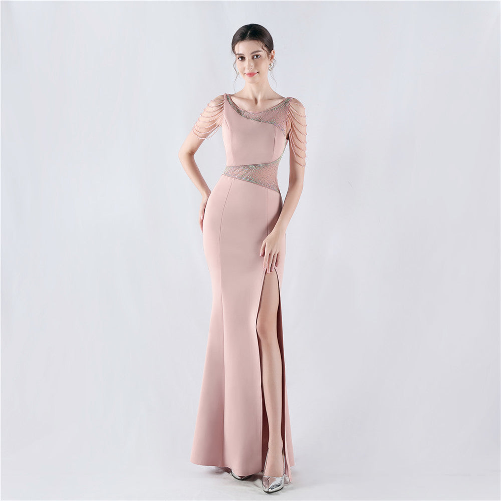 Women Beaded See-Through Mesh Split Evening Dress 10