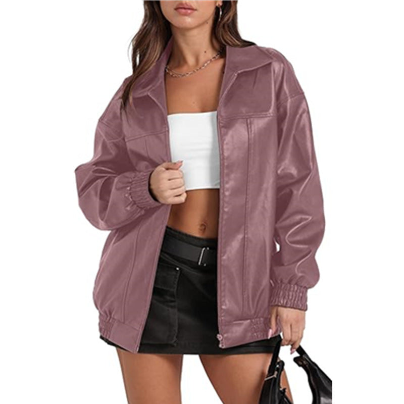 Women Long Sleeve Turndown Collar Zipper Pocket Casual Windbreaker Pu Leather Jacket 4