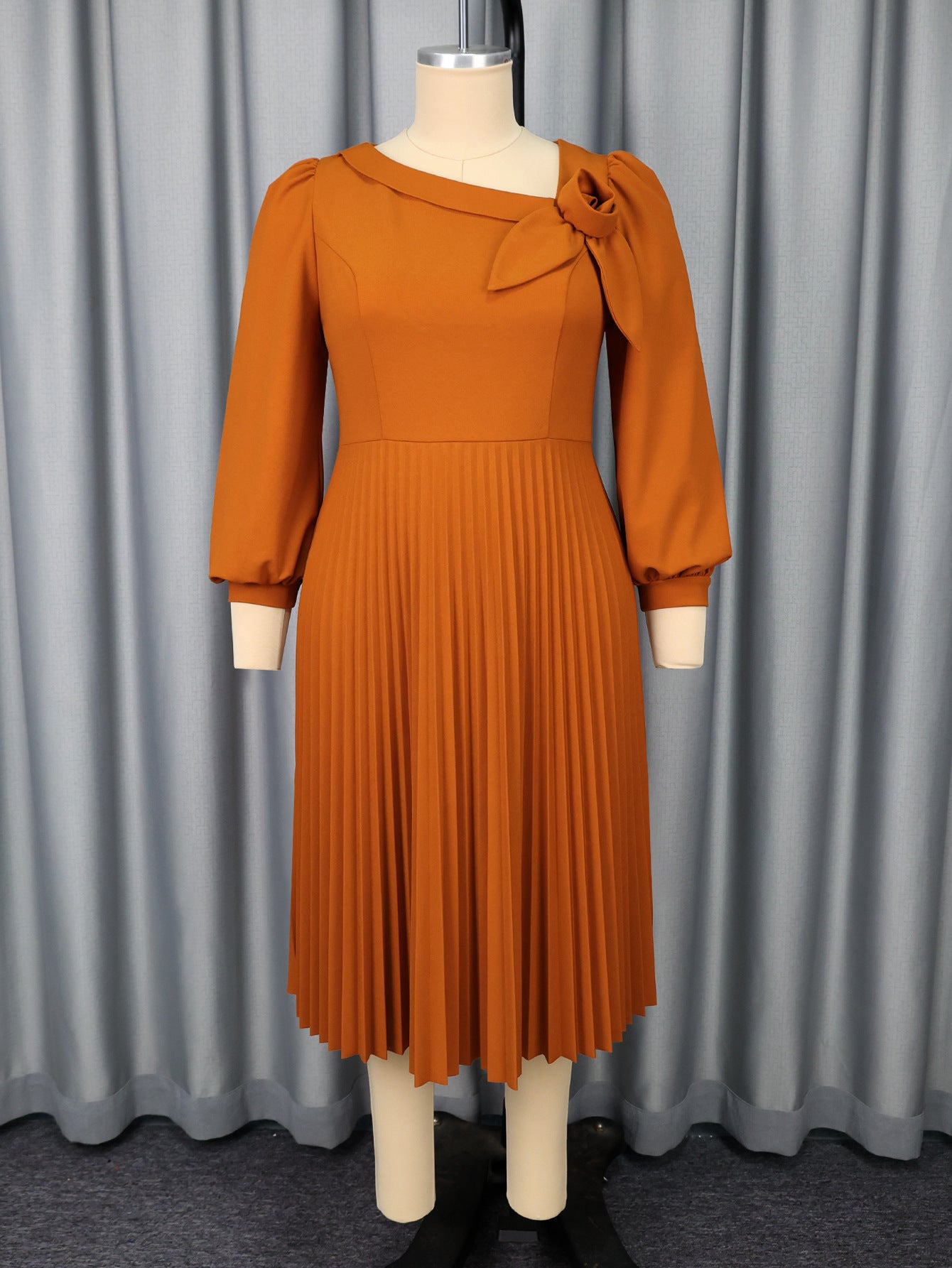 Plus-Size Women Elegant Brown Long-Sleeved Slash Shoulder Floral Pleated Evening Dress 7