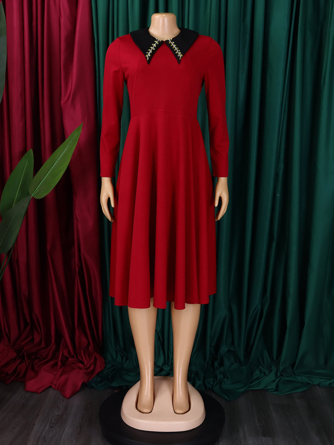 African Women Solid Long Sleeve Turndown Collar Elegant Dress 20