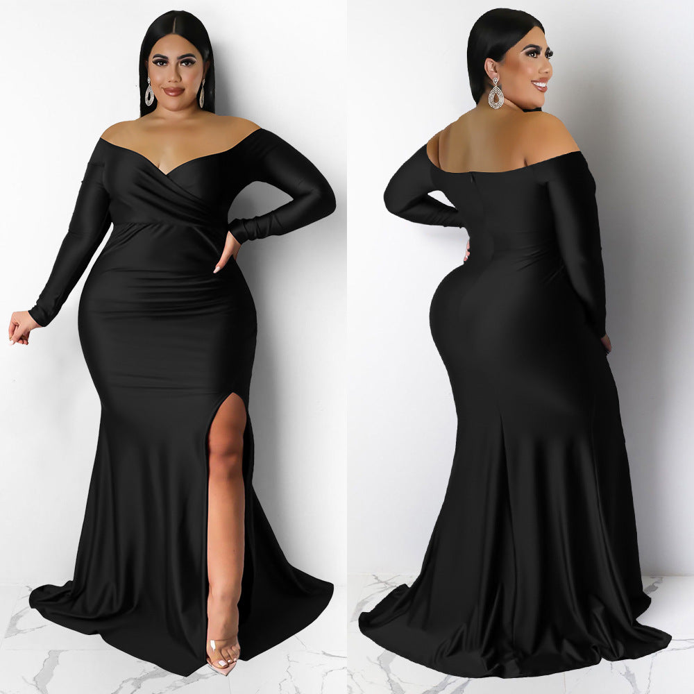 Autumn And Winter Plus Size Women'S Sexy Dress Nightclub V-Neck Solid Color Split Long Dress 6