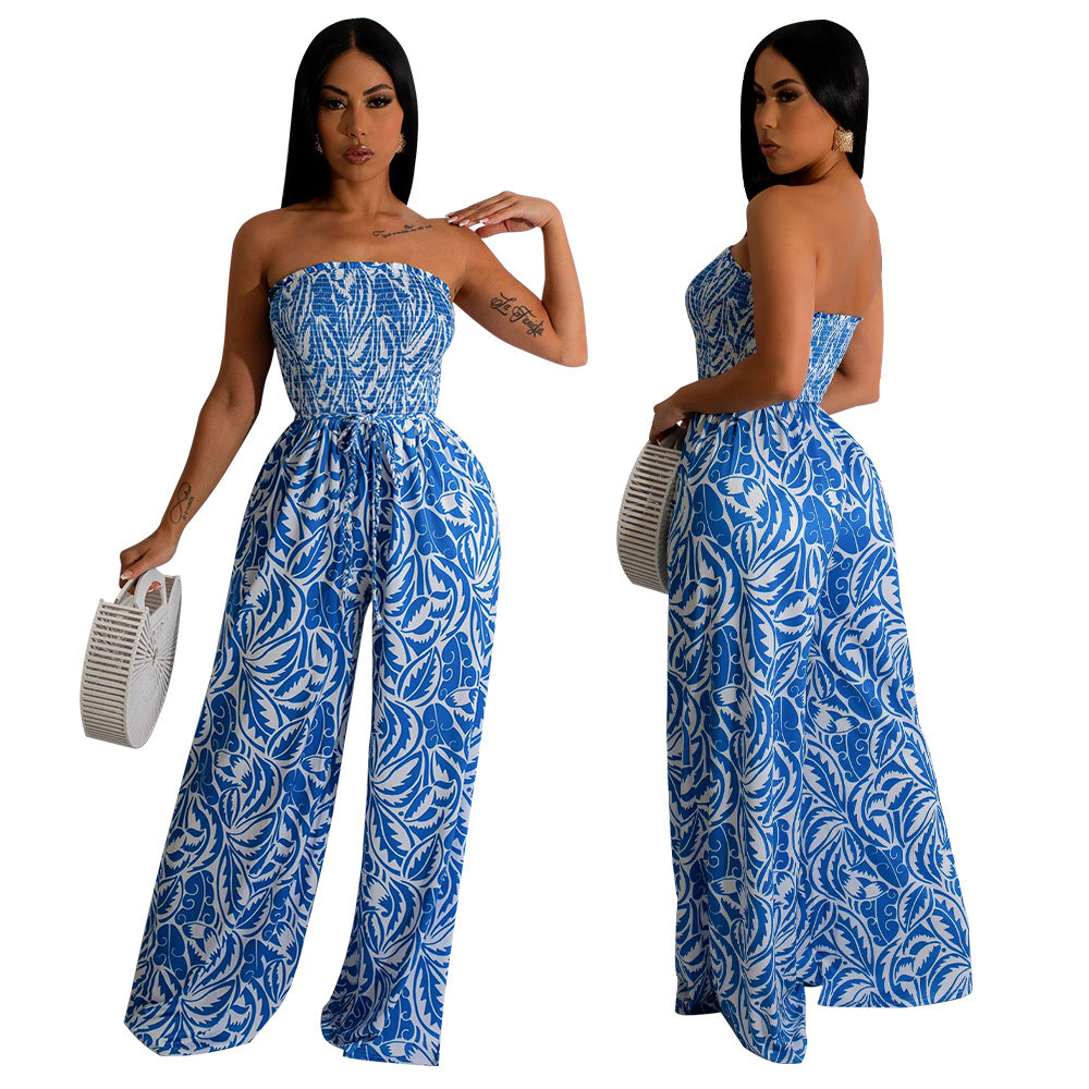 Women Sexy Sleeveless Backless Print Wide Leg Jumpsuit 5