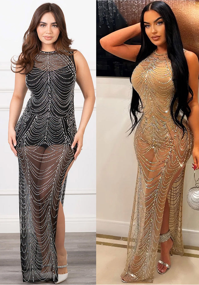 Fashion Women's Solid Color Mesh Beaded Sleeveless Long Dress