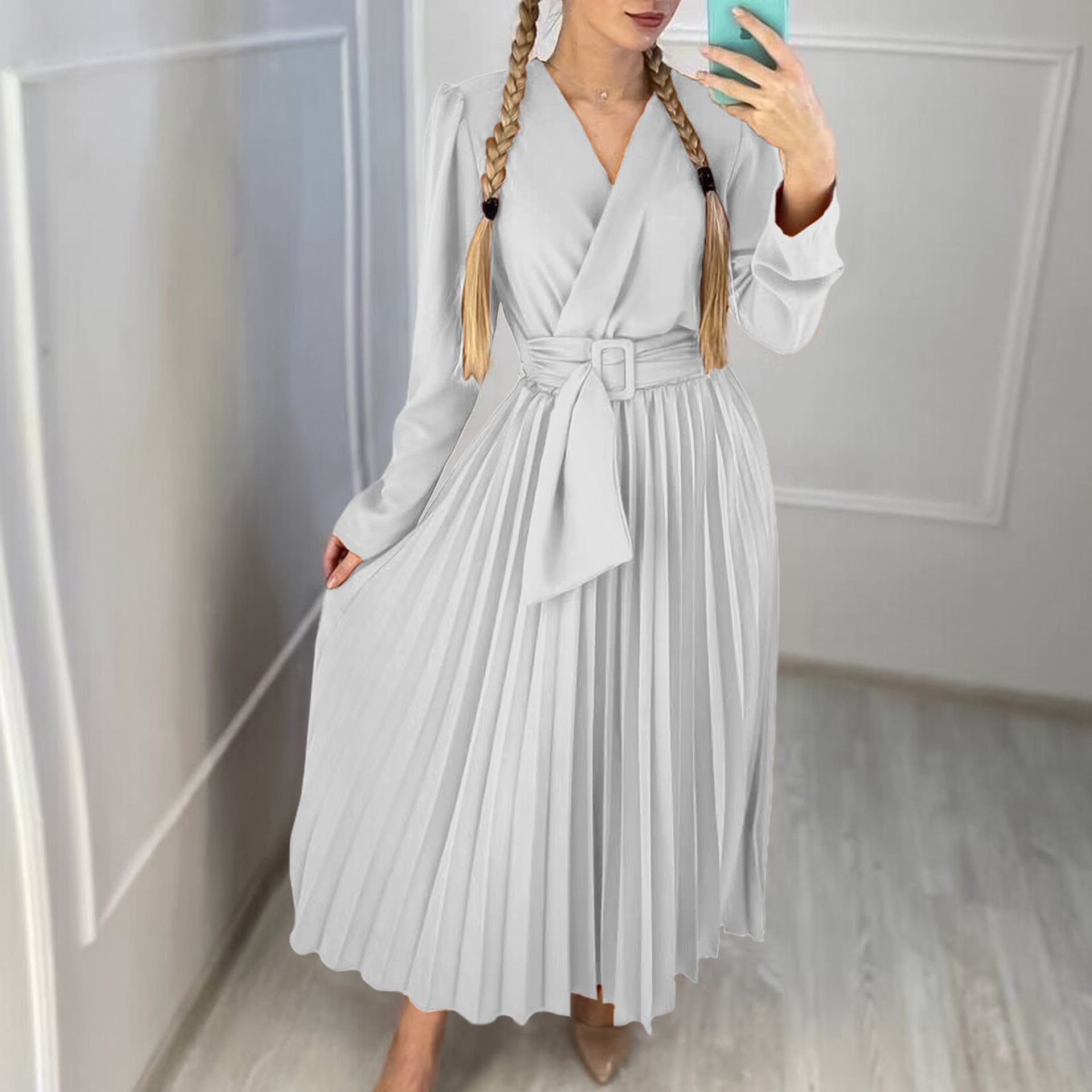 V-Neck Chic Elegant Slim Waist Belted Pleated High Waist Plus Size Dress 4