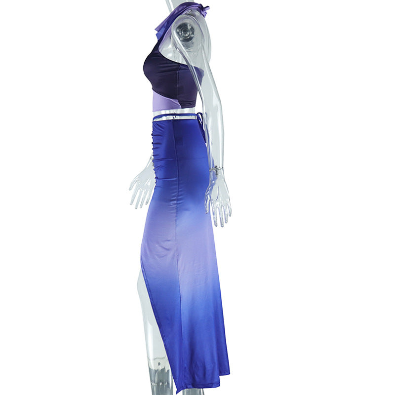 Women's Fashion Printed Sexy Sleeveless Low Back Vest Split Skirt Two-Piece Set 7