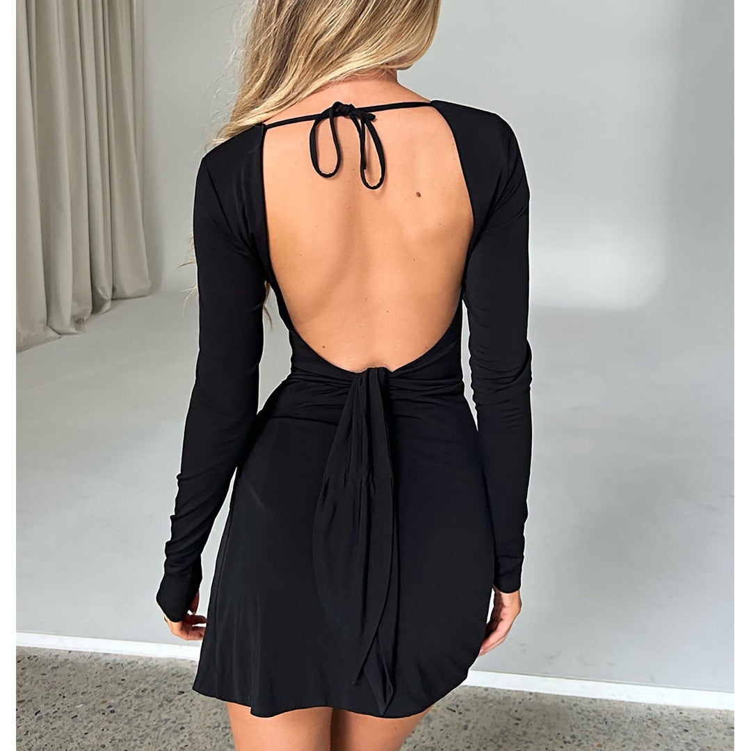 Women Sexy Backless Lace-Up Slit Long Sleeve Dress 10