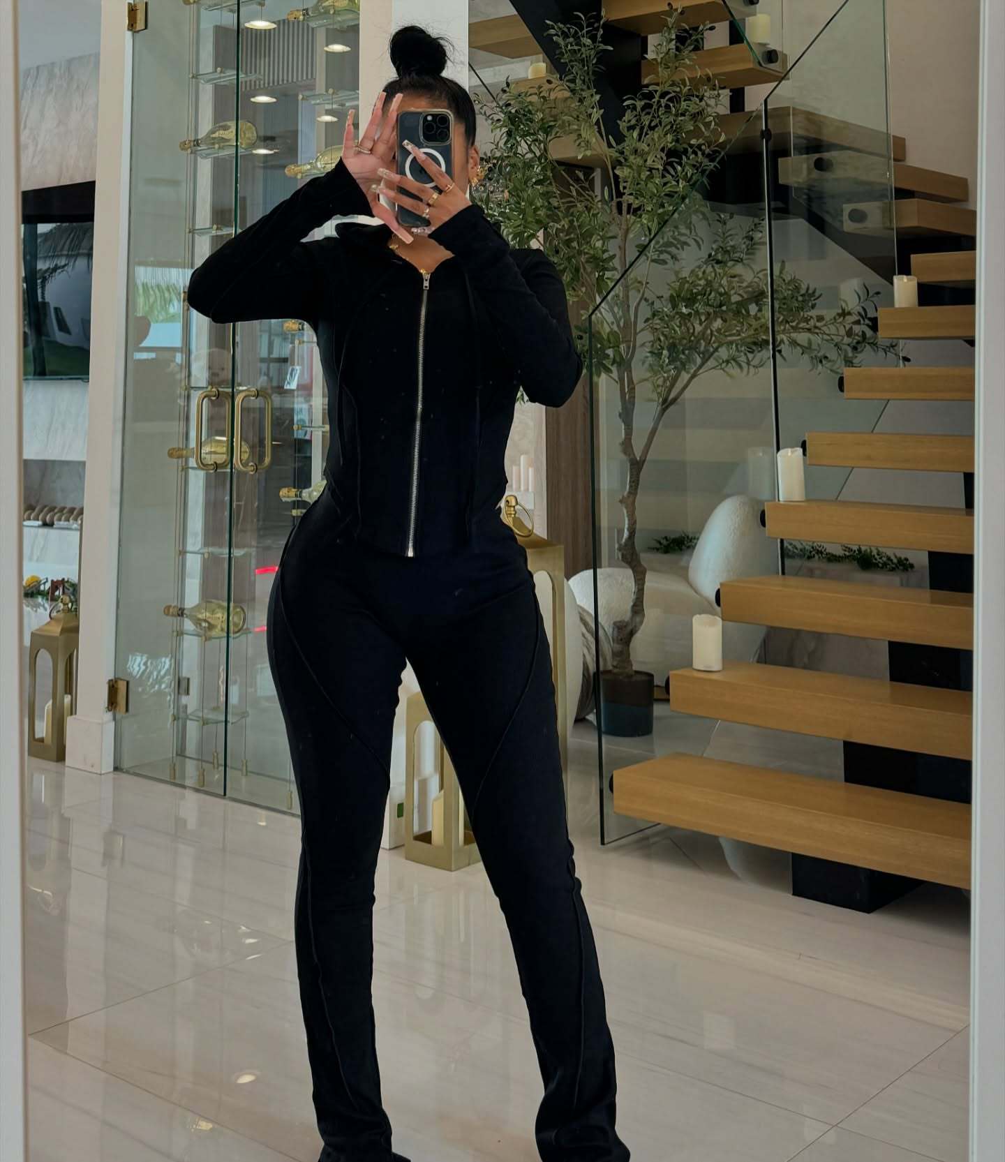 Women Autumn/Winter Ribbed Patchwork Casual Top and Pant Two-Piece Set