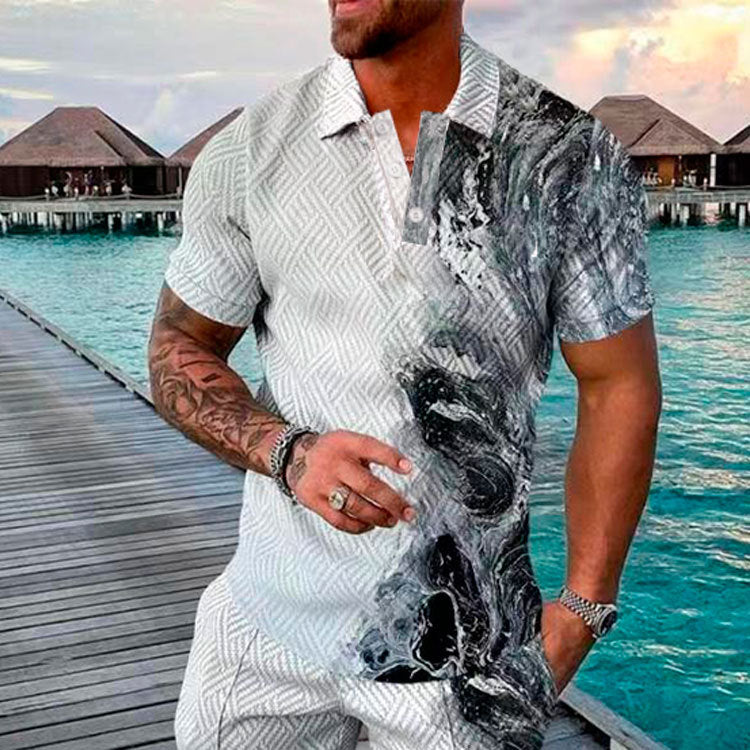 Men's Summer Fashion Casual 3D Printed Polo Shirt Turndown Collar Casual Short Sleeve 28