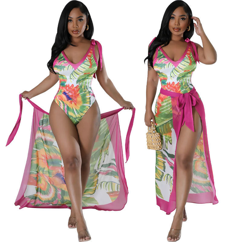 Fashion Casual Women's Sleeveless Printed Lace Up Strap Bodysuit Skirt Set 7