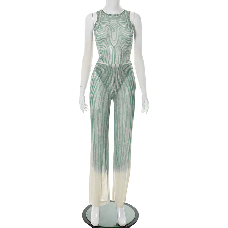 Women's Slim Geometric Pattern Print Round Neck Sleeveless Bodysuit Wide-Leg Pants Two Piece Set 7