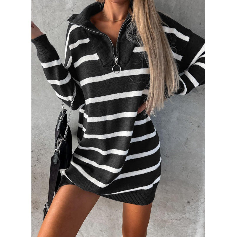 Women Autumn and Winter V-neck Long Sleeve Striped Loose Casual Knitting Sweater Dress 7