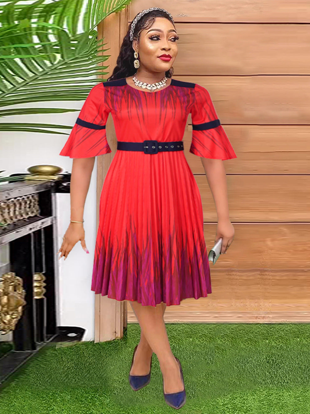 Plus Size African Dress Women High Waist Fashion Round Neck Printed Pleated Dress 6