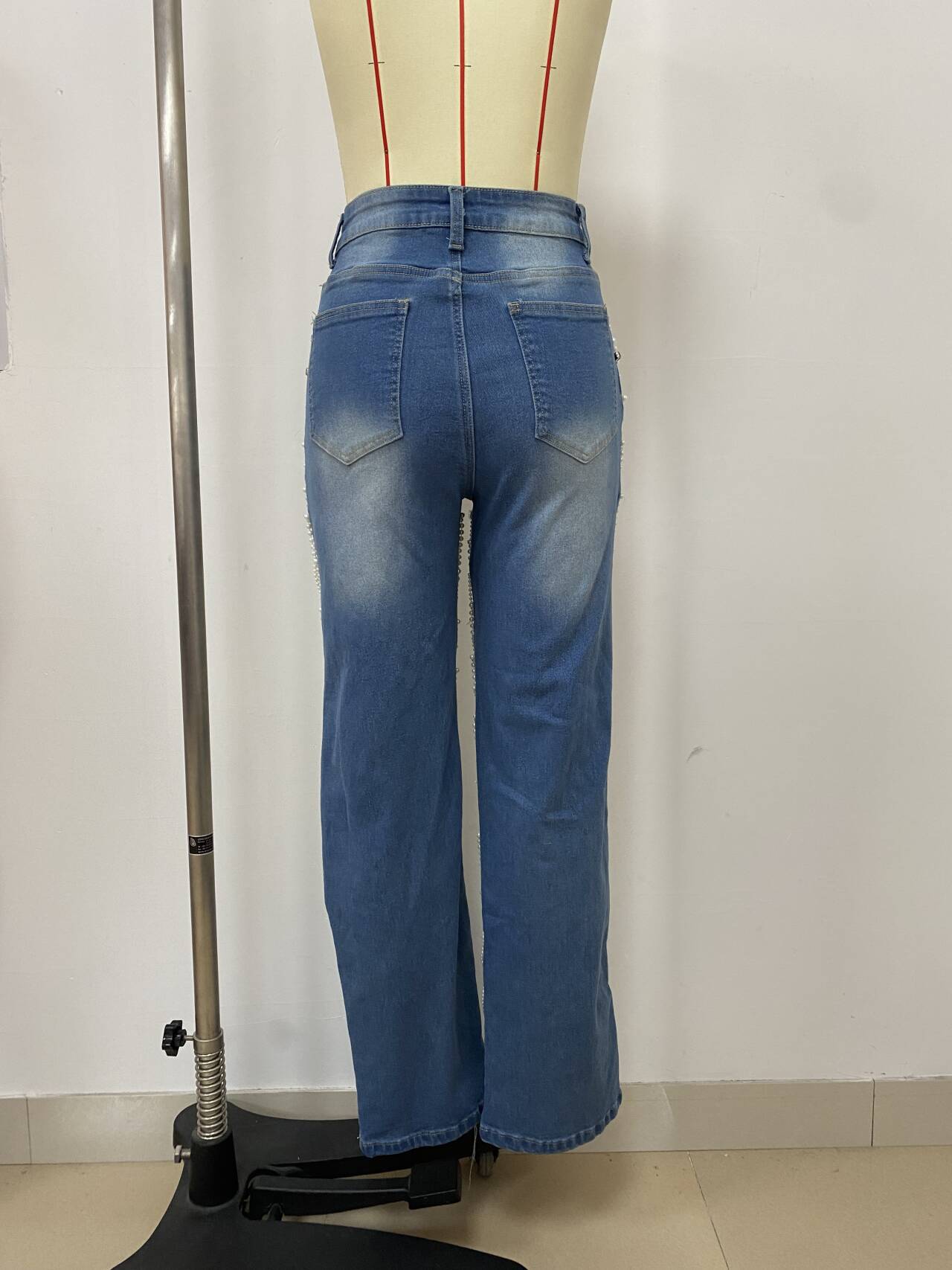 Women Washed Ripped Knitting Denim Pants 5