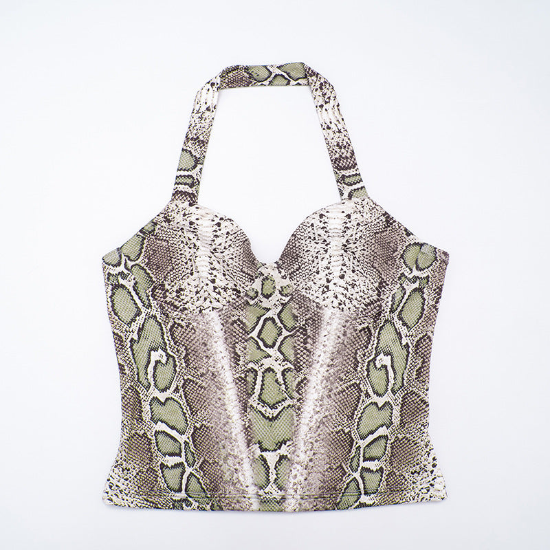 Women Fall Snake Print Halter Neck Sleeveless Top and Pants Two-Piece Set 9