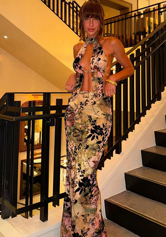 Women Sexy Backless Halter Neck Top Bodycon Skirt Two-piece Set