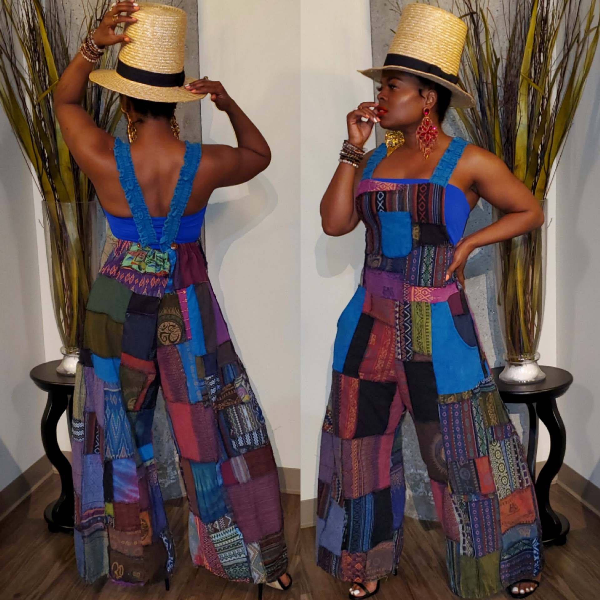 Women'S Printed Boho Bib Pants Strap Wide Leg Jumpsuit 3