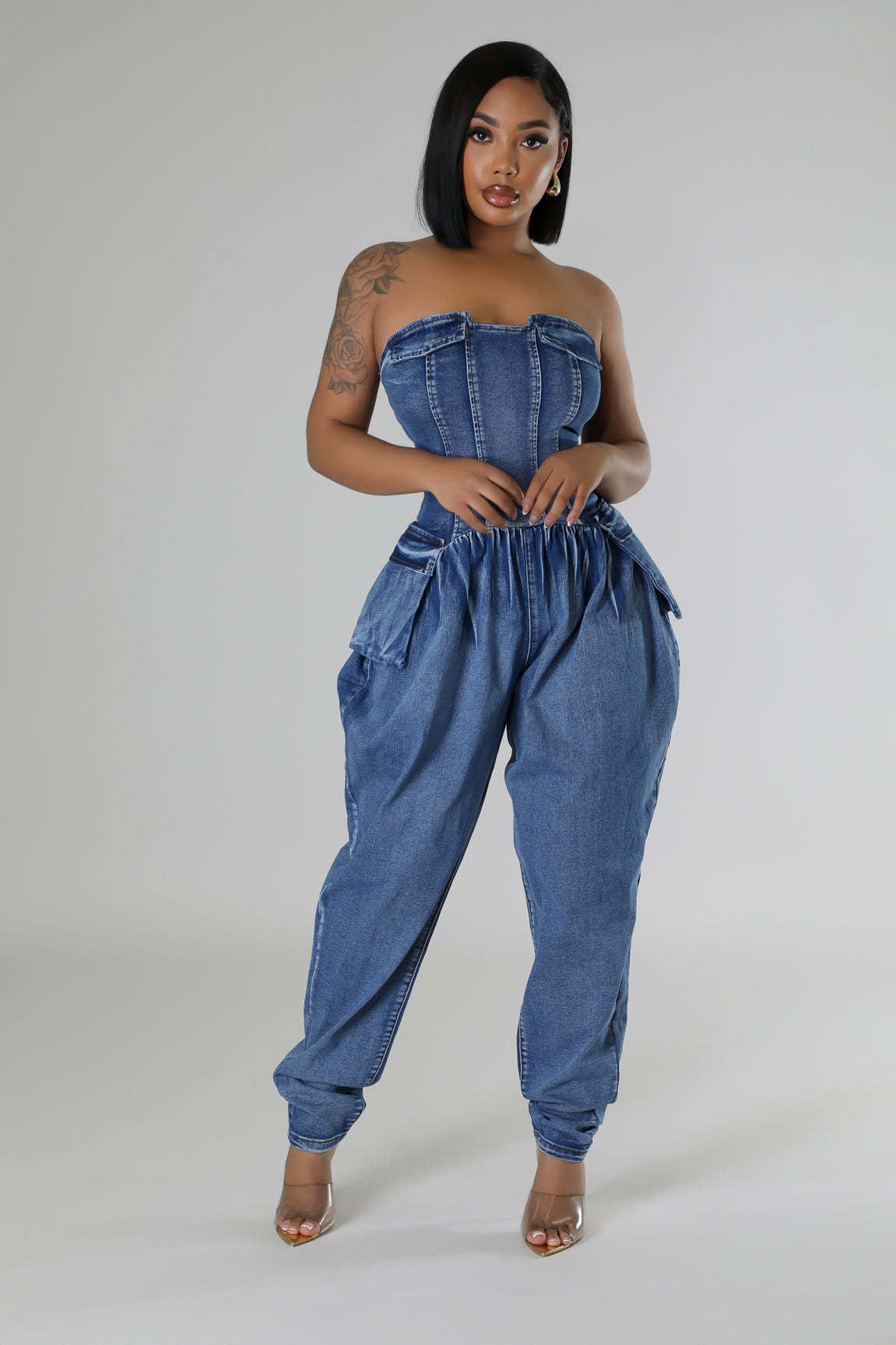 Women Strapless Stretch Denim Jumpsuit 4