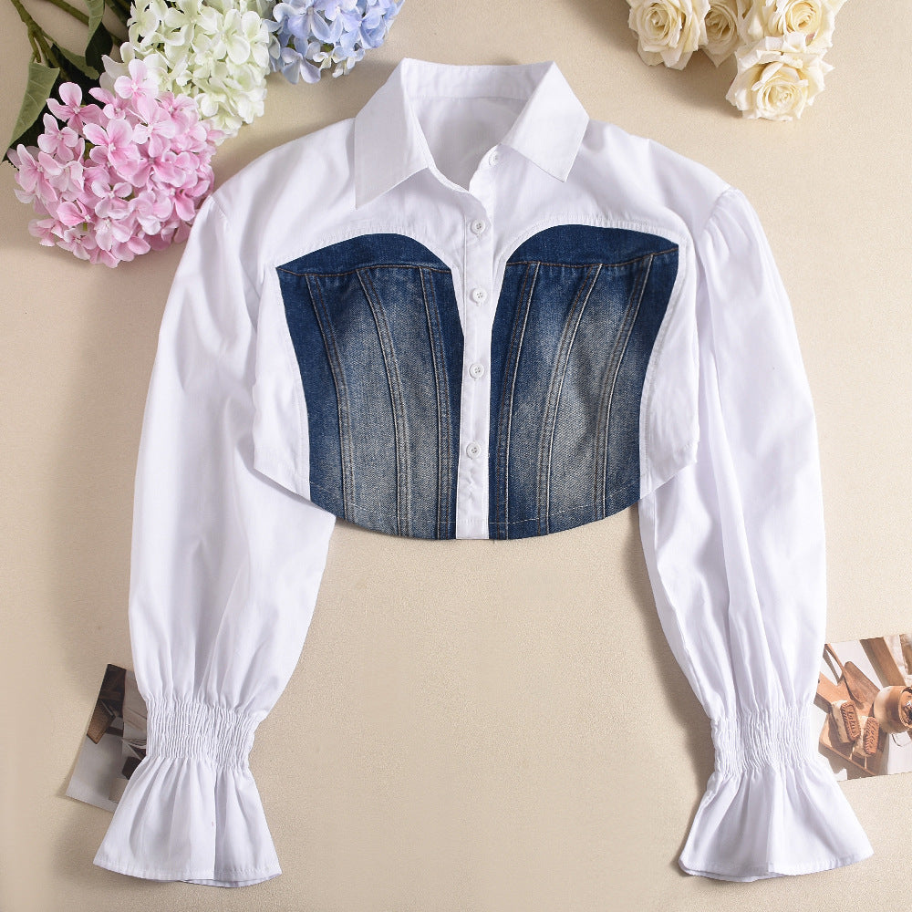 Women's Autumn Denim Patchwork Crop Bell Bottom Sleeve Women's Shirt 7